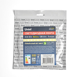 LED лента Uniel ULS-M13-2835-120LED/m-8mm-IP20-DC12V-9,6W/m-5M-3000K PROFI катушка в герметичной упаковке