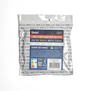 LED лента Uniel ULS-M25-5050-60LED/m-10mm-IP20-DC12V-14,4W/m-5M-4000K PROFI катушка в герметичной упаковке