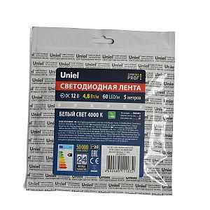 LED лента Uniel ULS-M11-2835-60LED/m-8mm-IP20-DC12V-4,8W/m-5M-4000K PROFI катушка в герметичной упаковке